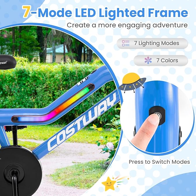 COSTWAY 16”/18” Lighted Kids Bike, Children Sport Bicycle with LED Light-up Frame, Adjustable Saddle, Training Wheels, Handbrake & Coaster Brake, Kids Riding Bike for 4-7/4-8 Years Old Boys & Girls