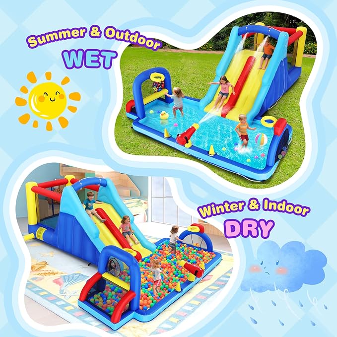 Inflatable Water Slide Bounce House, Double Slide Bouncer Castle Playhouse w/Splash Pool,Jump Area, Climbing Wall,Basketball Hoop, Water Balls, 550W Air Blower for Kids Backyard Indoor Outdoor Use