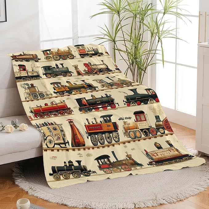 Train Blanket, Steam Train Blanket, Vintage Car Gifts Blankets Stuff Fleece Flannel Plush for Boys Men Women Girls Lovers Adults Soft Bedding Gift for Sofa Bed Office Home Decor 80"x60"