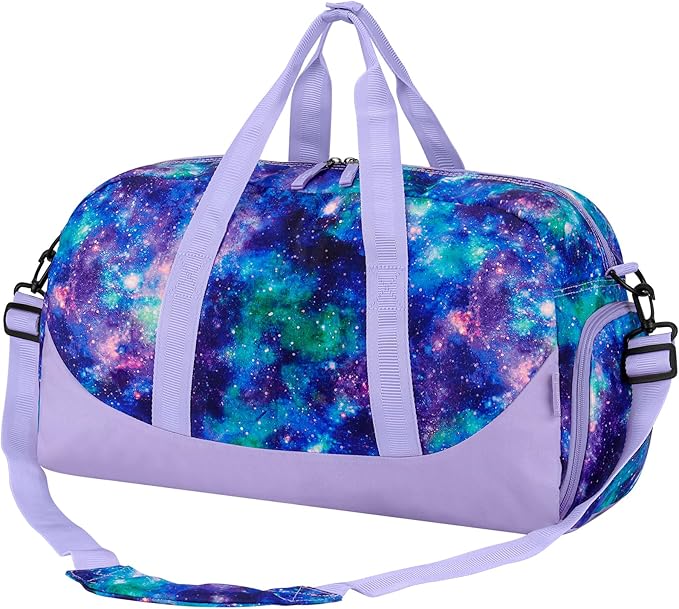 Choco Mocha Duffle Bag Kids Girls - Galaxy Overnight Bags for Kid with Shoes Compartment, Cute Weekender Bag for Sleepover Travel, Purple