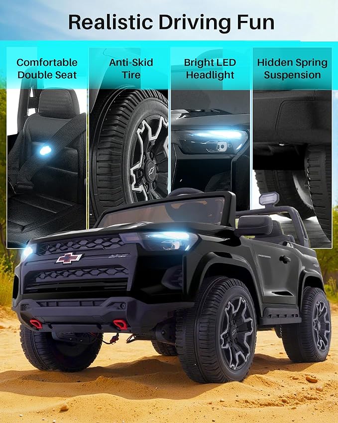 Joywhale 24V Ride on Truck 4WD Kids Electric Vehicle Licensed Chevorlet Ride on car with 7AH Big Battery, 320W Powerful Motors, 2 Seats, Music, 4 Wheel Suspension, 2 Speeds, LED Lights,Black