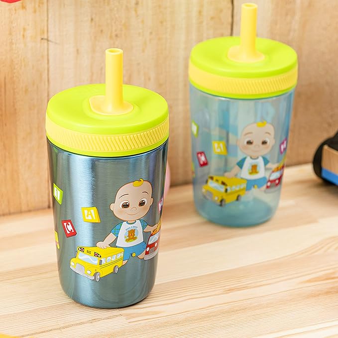 Zak Designs CoComelon Kelso Tumbler Set, Leak-Proof Screw-On Lid with Straw, Bundle for Kids Includes Plastic and Stainless Steel Cups with Bonus Sipper (3pc Set, Non-BPA)
