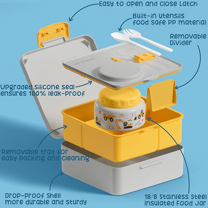 Fimibuke Bento Box for Kids Adult - Leakproof 3-4 Compartments Lunch Bento Box Set with Insulated Food Jar, Water Bottle, Lunch Bag, Sauce Cup & Cutlery for Toddler Teen Shcool Girl Boy Age 3+