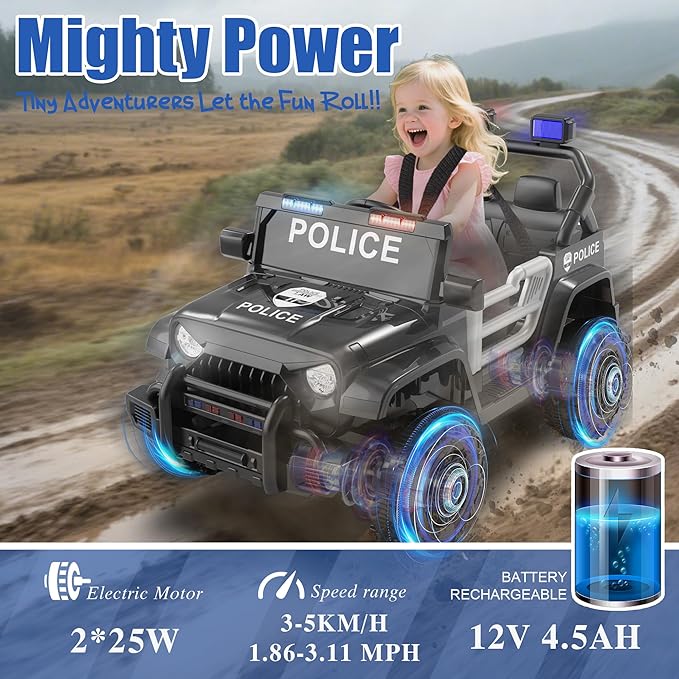 Ride on Police Car, 12V Kids' Electric Vehicles W/Parents Control, Ride on Toys for Toddlers with Music, Bluetooth, Four-Wheels Suspension, USB, Headlights, Police