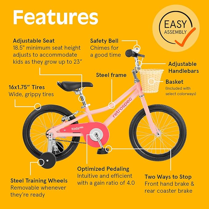 Retrospec Koda Plus Kids Bike for Boys & Girls Ages 4-6 Years - 16" Children's Bicycle, Adjustable Seat & Handlebars