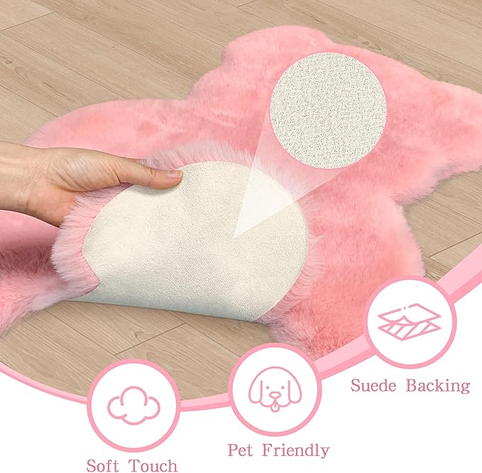 4x5.3 ft Pink Bear Shaggy Large Rug, Soft Fluffy Faux Sheepskin Fur Rug Fuzzy Shag Area Rug Cute Plush Carpet for Nursery Kids Girls Bedroom Room Aesthetic Living Room Floor Home Decor, Pink