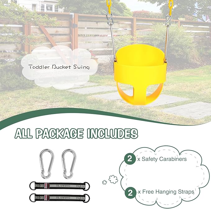 Heavy-Duty Toddler Swing with Coated Safety Chains-High Back Bucket Seat Includes Tree Straps,Hooks for Backyard, Playground,Outdoor Use (Yellow)