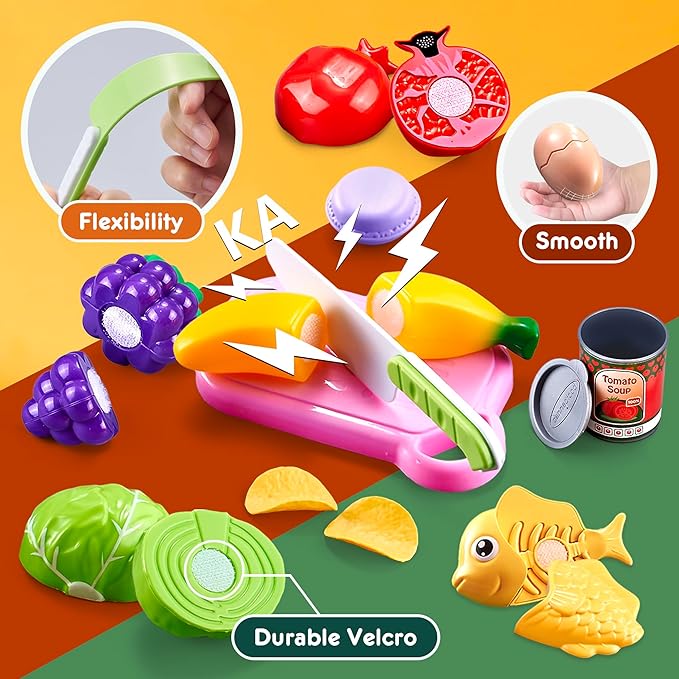 Play Food Sets for Kids Kitchen,66PCS Play Kitchen Accessories,Cutting Toy Food Kids Kitchen Accessories with Pizza,Fruits & Storage Bag,Educational Toys Gift for Boys Girls 3 Year Old