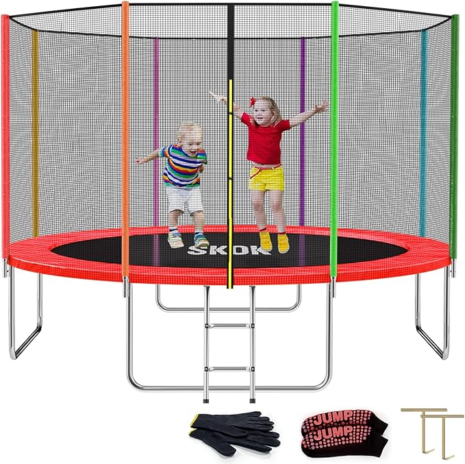 SKOK Trampoline 8FT 10FT 12FT 14FT 15FT Trampolines with Enclosure Net, 400LBS Outdoor Trampolines for Kids with Basketball Hoop-ASTM Approved Trampoline for Children and Adults with Ladder