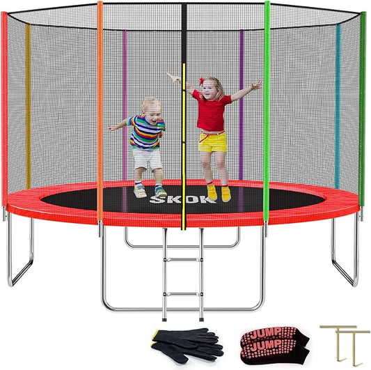 SKOK Trampoline 8FT 10FT 12FT 14FT 15FT Trampolines with Enclosure Net, 400LBS Outdoor Trampolines for Kids with Basketball Hoop-ASTM Approved Trampoline for Children and Adults with Ladder