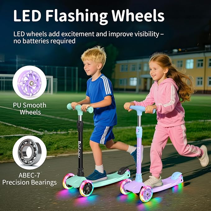 BELEEV Scooters for Kids 3 Wheel Kick Scooter for Toddlers Girls Boys, 4 Adjustable Height, Lean to Steer, Light up Wheels, Extra-Wide Deck, Easy to Assemble for Children Ages 3-12 (Rose Pink)