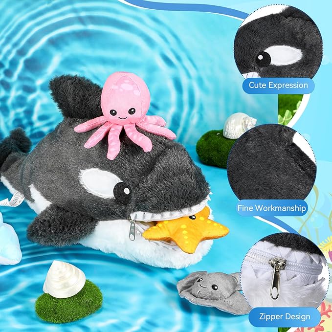 Syhood 5 Pieces Sea Stuffed Animals Plush Set Include 1 Large Whale Plush Doll with Small Starfish Dolphin Octopus Ray Stuffed Toy for Huggable Sleeping Holiday Birthday Gifts