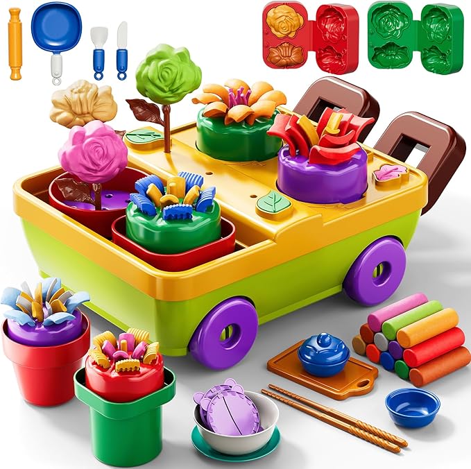 50PCS Play Clay Set Blooming Flower Garden Toy Playset for Kids 3-5, DIY Nature Kits, Pretend Kitchen Toys Accessories with Cart, Toy Dishes, Gifts for Girls Boys Toddlers Ages 3 4 5 6 7 8 9