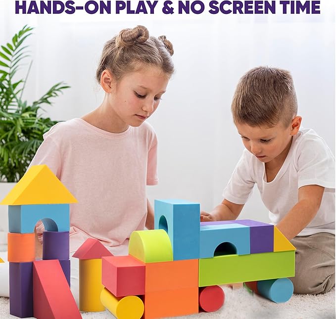 Set of 34 Large Foam Blocks for Toddlers - Stacking Soft Blocks for Kids with Shapes & Colors Learning - Construction Building Preschool Toys - Soft Toy for Daycare Toddlers 3-5 & Above