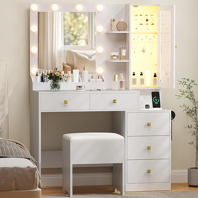 Vanity Desk with Mirror and Lights,Makeup Table with Charging Station & RGB Storage Cabinet,Large Drawer & Storage Shelves,5 Drawer,Bedroom Dressing Table, White