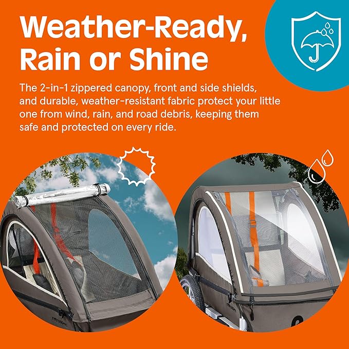 Retrospec Rover Plus Foldable Bike Trailer for Kids, Single/Double Passenger Child Bike Trailer with 5-Point Safety Harness, Reflective, Weather-Resistant Fabric and Safety Flag - Supports 40-80 lbs