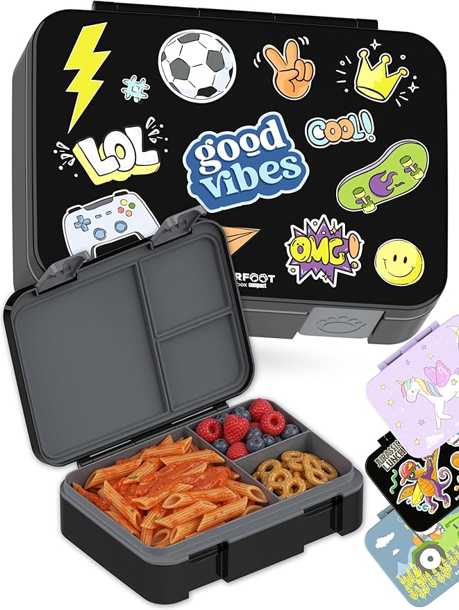 BEARFOOT Kids Lunch Box with Compartments – Compact & Lightweight | Leak-Proof, BPA-Free, Dishwasher & Microwave Safe | Hand-Drawn Design for Preschool, School, Travel (Sticker Black, 4 Cups)