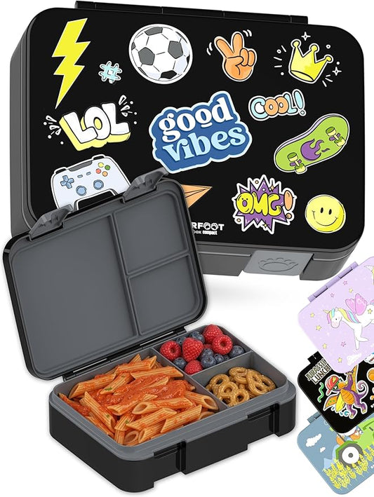 BEARFOOT Kids Lunch Box with Compartments – Compact & Lightweight | Leak-Proof, BPA-Free, Dishwasher & Microwave Safe | Hand-Drawn Design for Preschool, School, Travel (Sticker Black, 4 Cups)