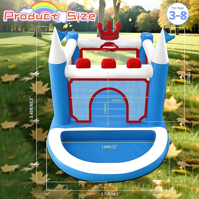 Kids Bounce House with Ball Pit, Basketball Hoop, Target Game and Ring Toss Game PVC Jumping Castle with Electric Air Pump 98”x 70”x 65” Trampoline for Ages 3-8 Indoor or Outdoor Play