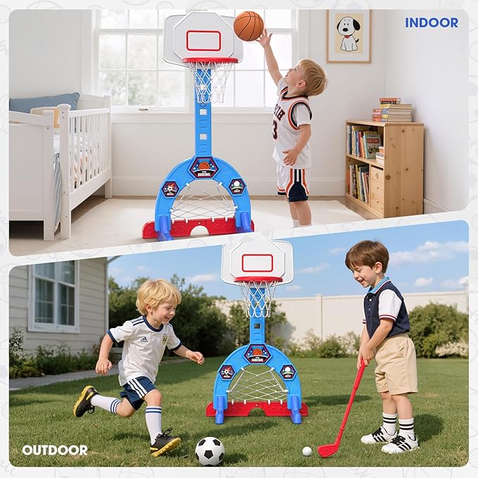 Toddler Basketball Hoop, 3-in-1 Sports Activity Center with Soccer Goal, Golf Game, 5 Height Adjustable Kids Basketball Hoop, Indoor Outdoor Playset Toys Gifts for Boys Girls 3-5, Blue