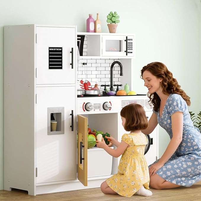 soges Kids Kitchen Playset with Lights & Sounds - 31" H Interactive Pretend Play Toy with Storage Cabinet, Stainless Steel Cookware, Eco-Friendly Design, for Toddlers Ages 3 Years and Over