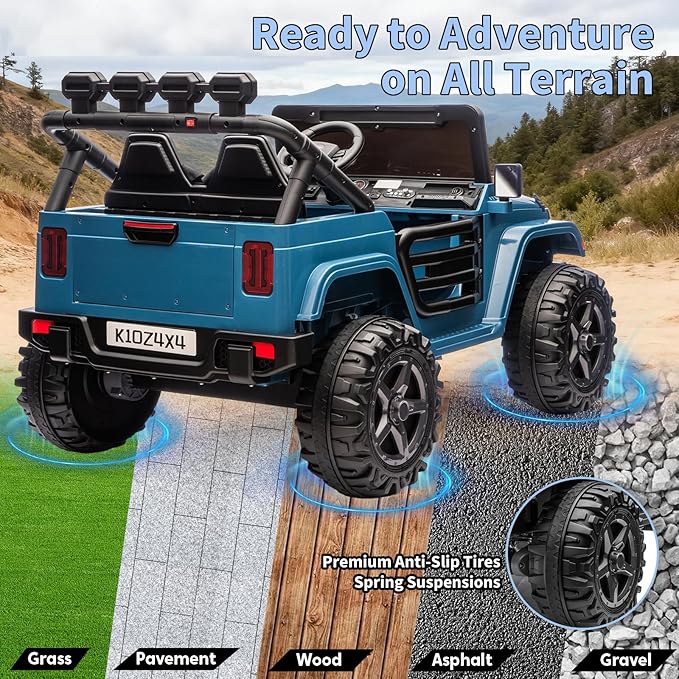 2 Seater Ride on Car Toy for Kids, 24V 4x4 Ride-on Truck, w/Parent Control, Soft Start, 3 Speed, 4-Wheeler Suspension, Bluetooth, LED Lights, Electric Car for Kids Toddler Ages 3-8, Lake Blue