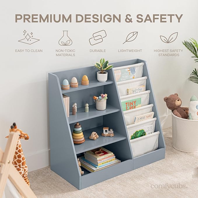 Comfy Cubs Kids Bookshelf 35.2 x 15.7 x 31.5 Inches - Sturdy MDF Montessori Book Shelf with Soft & Hard Shelves for Toys & Books - Child-Friendly, Easy Access Storage Organizer for Kids - Blue