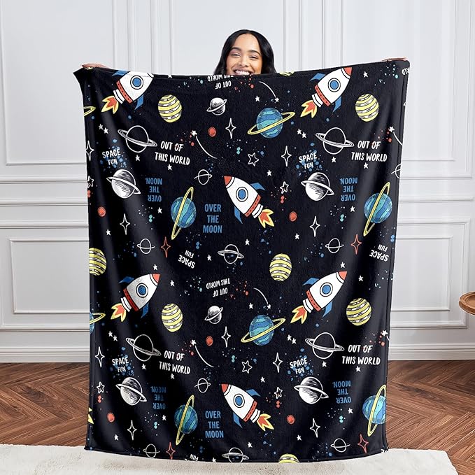 Wajade Toddler Fleece Space Blanket for Boys Kids 3D Rocket Planets Soft Throw Blanket Birthday Christmas Halloween Space Decor for Children 50"x60"