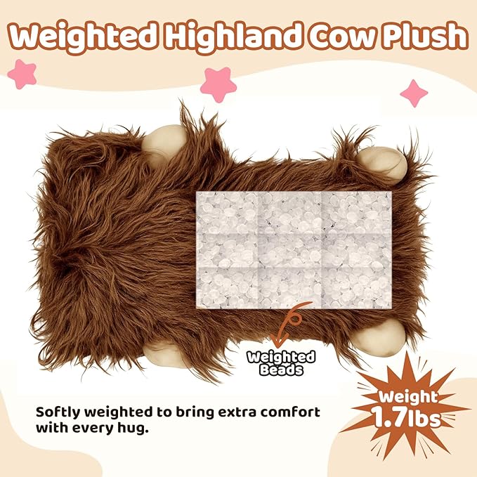 Puffpals Weighted Plush, Cute Highland Cow Weighted Stuffed Animal with Beads, Soft Sensory Plush Pillow Toy for Kids & Adults (13.4in, 1.7lbs)