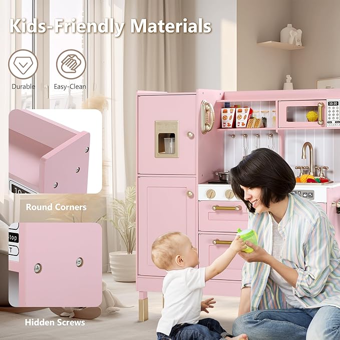 Kinder King Wooden Kids Play Kitchen, Kitchen Playset for Toddler Kid, Play Kitchen Toy Set w/Real Sounds, Pretend Microwave Oven, Ice Maker, Telephone, Gift for Boys Girls Age 3+, Pink