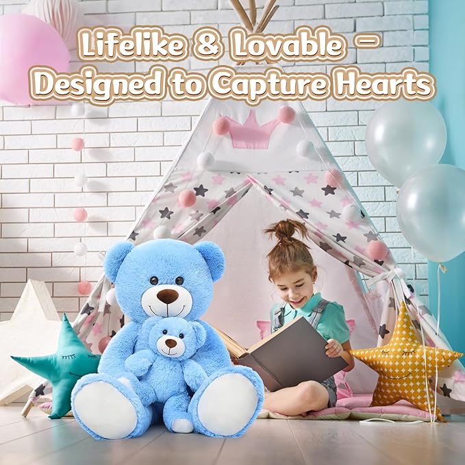 MorisMos Mom and Baby Giant Teddy Bear, 39inch Soft Big Teddy Bears Stuffed Animal Plush for Baby Shower, Birthday, Blue