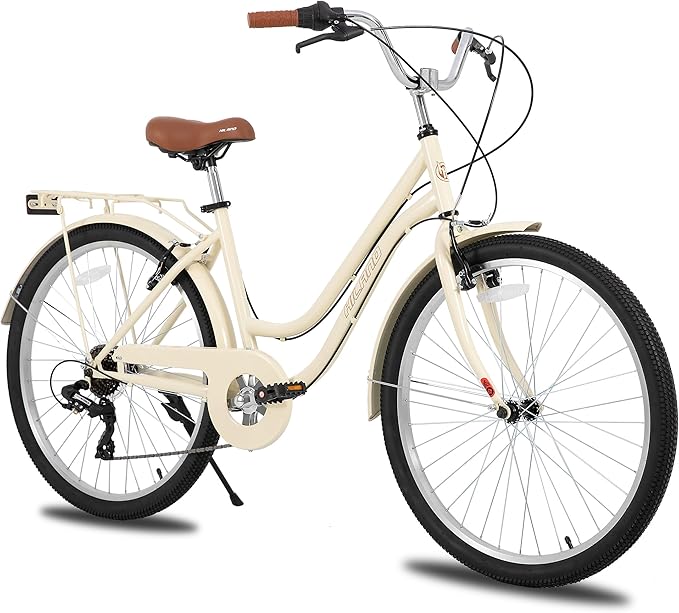 HILAND 26 inch Beach Cruiser Bike for Men and Women, 7 Speed Step-Through Frame Adult Bicycle with Rear Rack, Retrospec Bike Commuter City Bicycle
