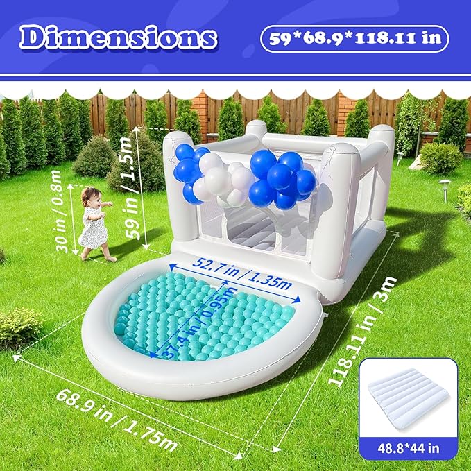 Bounce House with Ball Pit for Kids Age 3-6 Indoor Inflatable Bouncer Waterproof and Durable Material Outdoor White Bouncy Castle for 3 Toddlers with Electric Pump-Built to Last & Safety