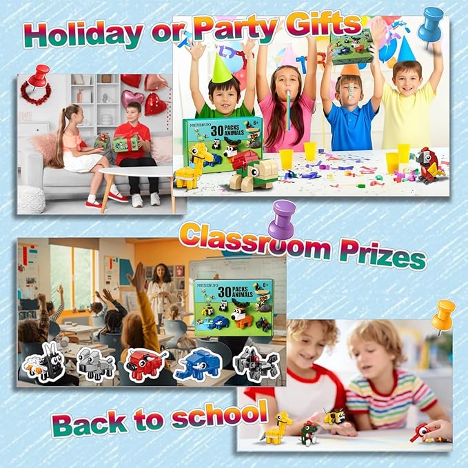 30 Pack Animal Building Blocks Set (758 PCS) - Party Favors for Kids 8-12, Stocking Stuffers, Classroom Prizes, Party Favors, Goodie Bag Stuffers, Treasure Box Rewards & Piñata Fillers