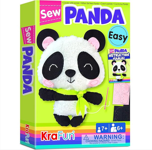KRAFUN Panda Animal Sewing Kit for Kids Beginner My First Art & Craft, Includes Panda Doll Stuffed Animal, Instructions & Plush Felt Materials for Embroidery, Age 7 8 9 10 11 12