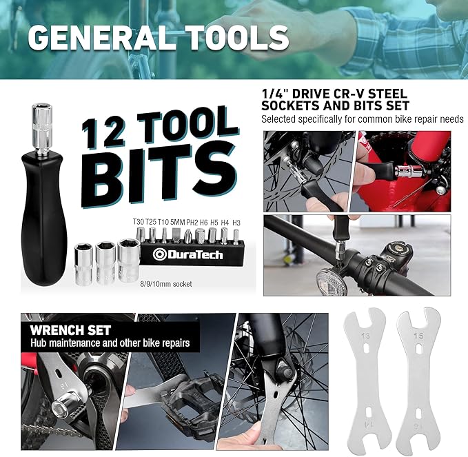 DURATECH 31 Pieces Bicycle Tool Kit, Complete Bike Repair Kit with Storage Box, Mountain Bike Repair Tools, for Mountain, Road, and Park Bicycle with Chain Riveter, Tire Levers, Crank Puller