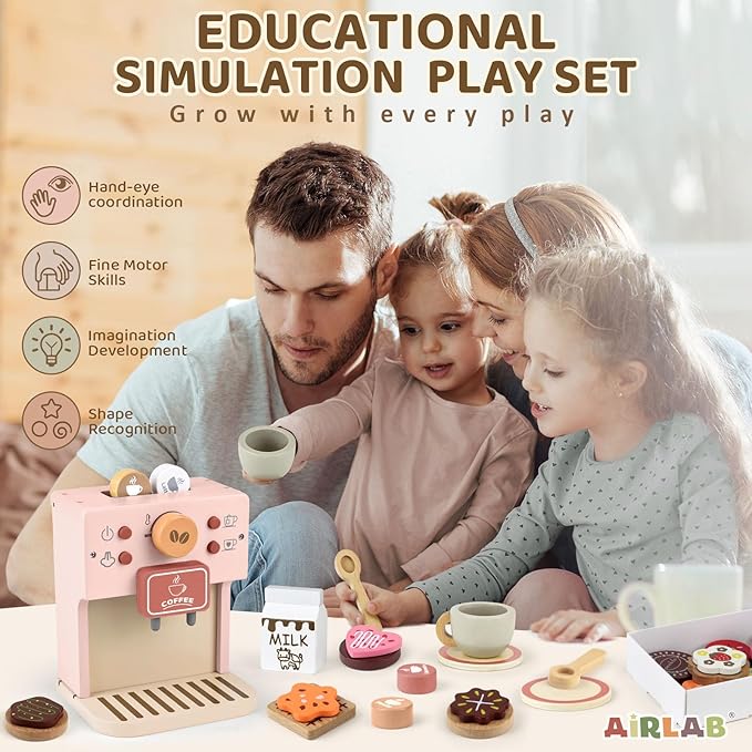 Airlab Kids Coffee Playset Toy Coffee Maker Set for Toddler Wooden Kitchen Accessories Pretend Play for Girls Boys Ages Birthday Gifts Pink