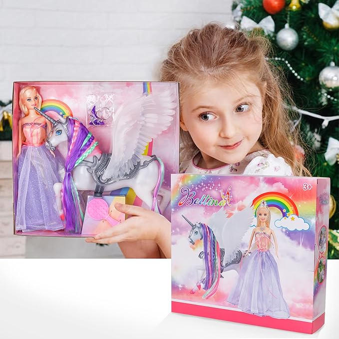 BETTINA Color Change Unicorn and Fairy Tale Princess Doll, W/Mane Brush, Girls' Unicorn Doll Toys Gifts, Presents for Girl Kids Aged 3+, Rainbow Braided Hair Horse Princess