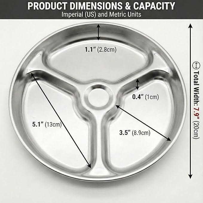 Korean Stainless Steel Divided Round Plates, Little Kids Toddlers Babies Tray, BPA Free, Diet Control, Camping Dishes, 8 Inch Compact Serving Platter, 3 Compartment Plate, Set of 2