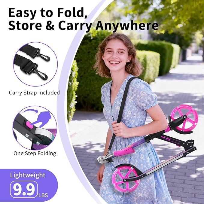 BELEEV V5 Plus Scooters for Kids Ages 6+, Teens with Light-Up Wheels & Deck, 2 Wheel Folding Lightweight Sport Scooter with 4 Adjustable Height, 8-inch Big Wheels, Carry Strap, Max Load 220 lbs