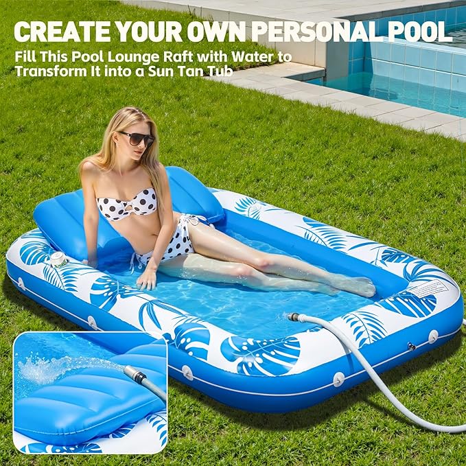 Pool Floats Inflatable Tanning Pool Lounger Float, 71" x 48" Large Pool Floats Adult with Pillow & Drink Holder,Sunbathing Water Lounge Floaties Tub Raft for Lake, Backyard, Beach Pool Party