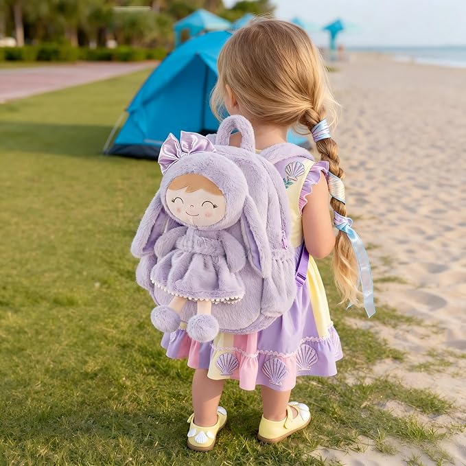 Gloveleya Back to School Gifts for Girls Bunny Toddler Backpack Plush Bag Baby Gift for Girl 2+ Years Old with Detachable Purple Rabbit Doll