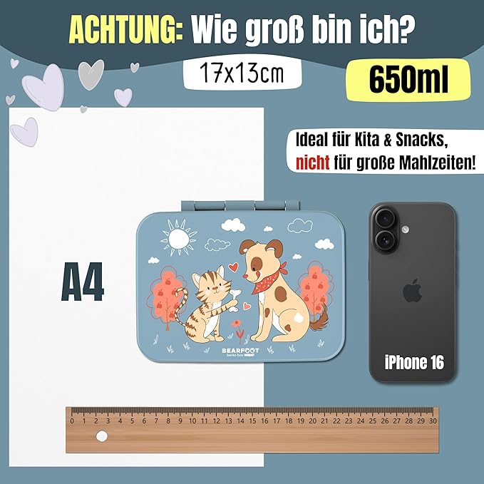 BEARFOOT Kids Lunch Box with Compartments – Compact & Lightweight | Leak-Proof, BPA-Free, Dishwasher & Microwave Safe | Hand-Drawn Design for Preschool, School, Travel (Dog & Cat Blue, 2.75 Cups)