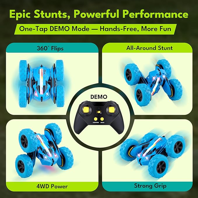 Threeking Remote Control Car RC Cars Toys for Boys Girls Ages 6-12, Upgraded USB-C Modular Batteries, 4WD Stunt Car with Breathing Soft Lights, Double-Sided Driving & 360° Flips, Presents Gifts, Blue
