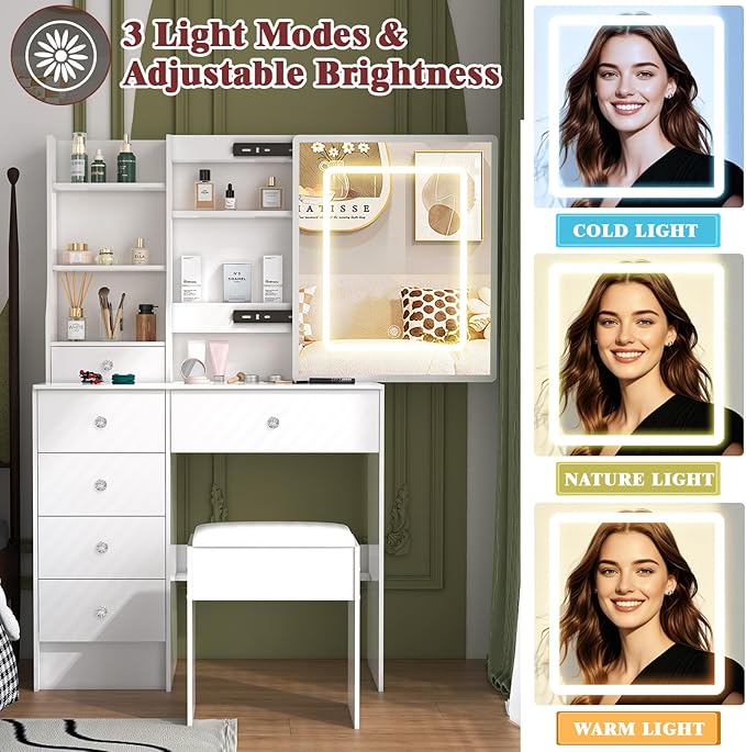 Makeup Vanity Desk with Sliding LED Mirror and Lights, White Vanity Desk with Lighted Mirror, USB Port, Drawers, 3-Color Adjustable Brightness, Vanity Dressing Table for Bedroom, Girls & Women Gifts