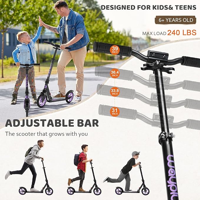 Kick Scooter for Ages 6+,Kid, Teens & Adults. Max Load 240 LBS. Foldable, Lightweight, 8IN Big Wheels for Kids, Teen and Adults, 4 Adjustable Levels. Bearing ABEC9