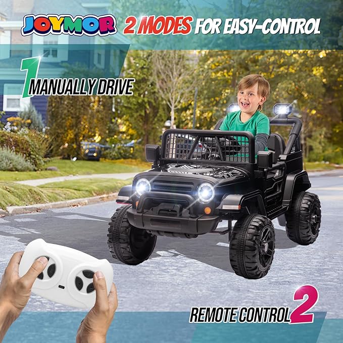 JOYMOR 12V Kids Ride on Truck with Remote Control, 4 Wheels Battery Powered Kids Car, Electric Play Car with LED Lights/Horn/Remote and Manual Control/3-5 MPH Speed/Gift for Girl Boy (Black)