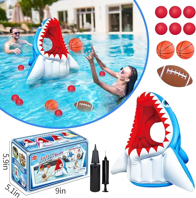 Inflatable Pool Floats, Kids Swimming Pool Toys 3-in-1 Shark Basketball & Football & Head Hoop for 3 4 5 6 7 8 Years Boys Girls Beach Backyard Party Water Games Birthday Gift