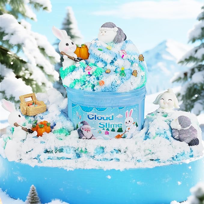Bunny Cloud Slime Kit 2 Pack - 14oz Non Residue Christmas Slime Kit for Kids, Includes Winter Bunny & Santa Claus Charms, Slime Add-ins, Glitter, ASMR Sensory Toys Gifts for Birthday Holiday