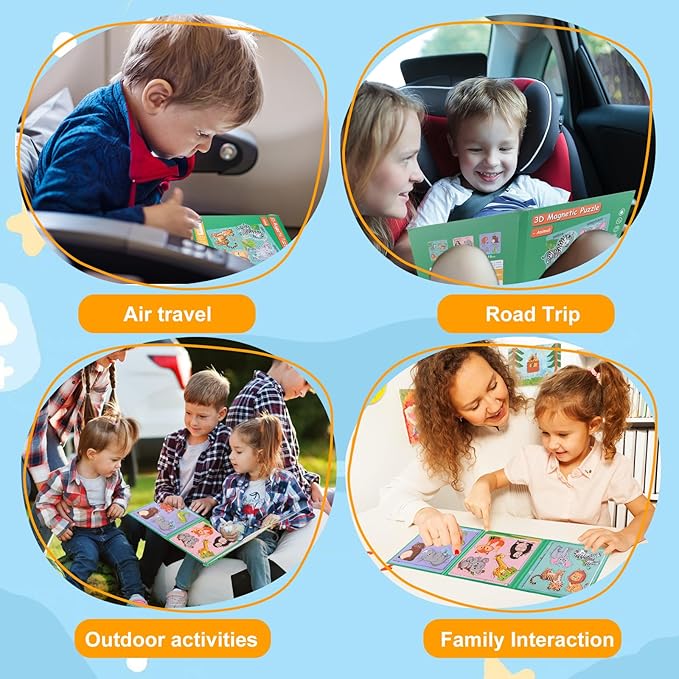 ASTARON 3D Magnetic Animal Puzzle with 60 Puffy Stickers for Toddlers, 41 Pieces Puzzles Preschool Education Learning Travel Toys Car Plane Activities for Kids Road Trip Birthday Gifts